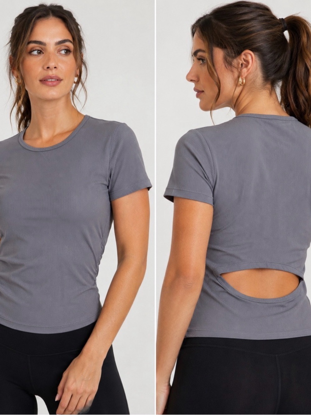 Umgee Women’s Medium Gray Ribbed Open Back Cutout Short Sleeve Top NWT